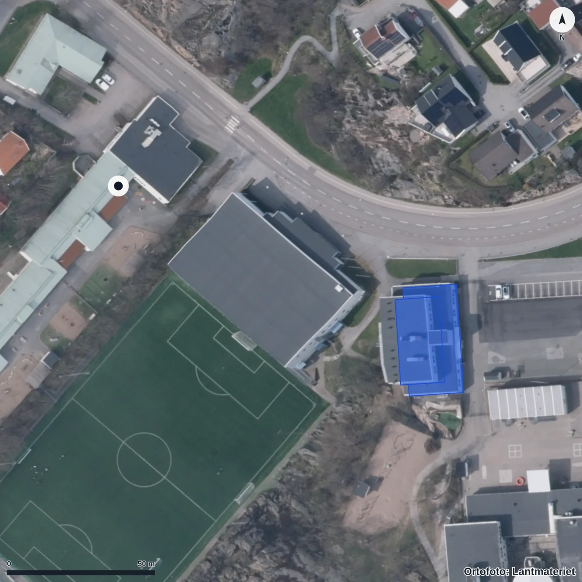 Flygbild över Kronbergets Förskola, ortofoto från Lantmäteriet