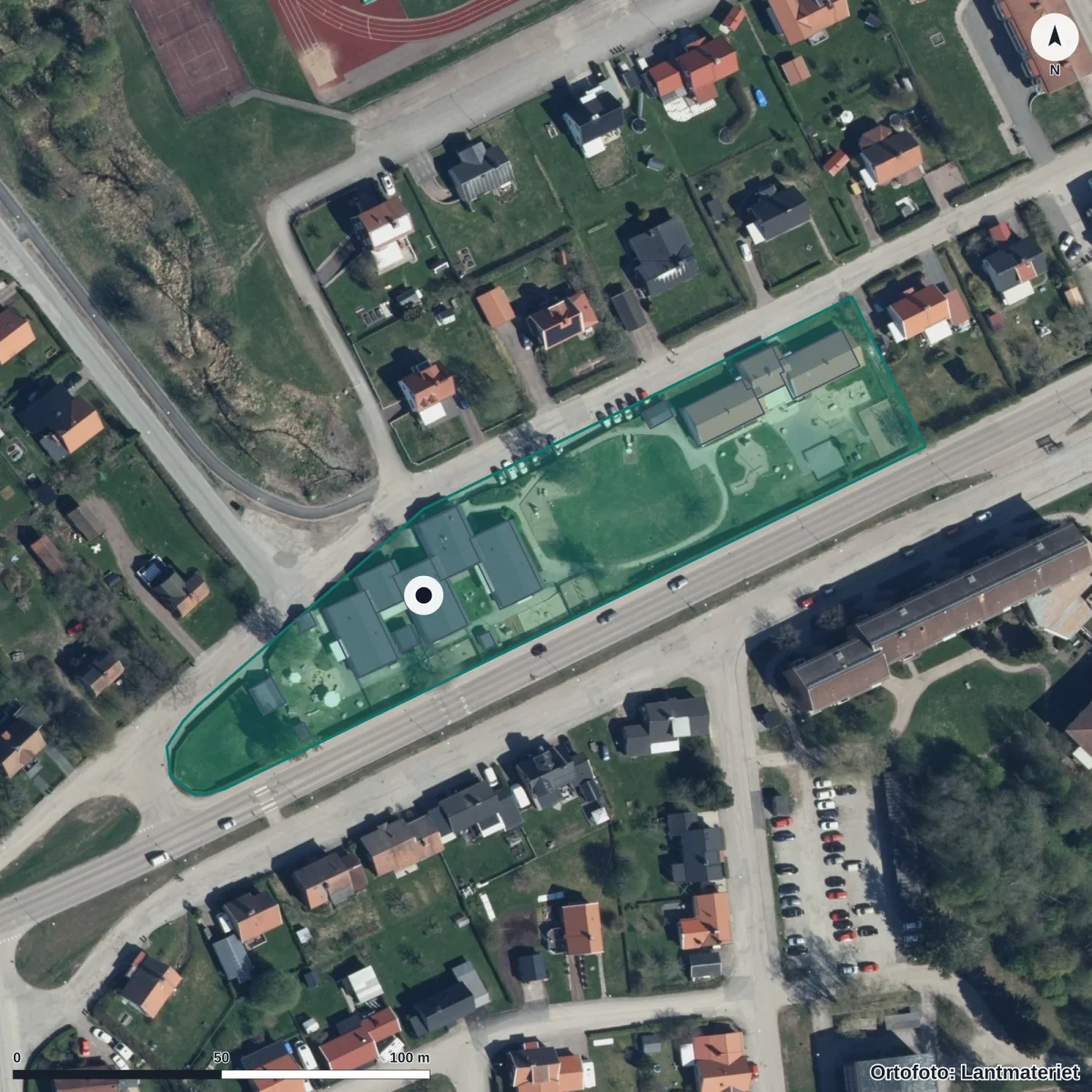 Flygbild över Myrans Förskola, ortofoto från Lantmäteriet