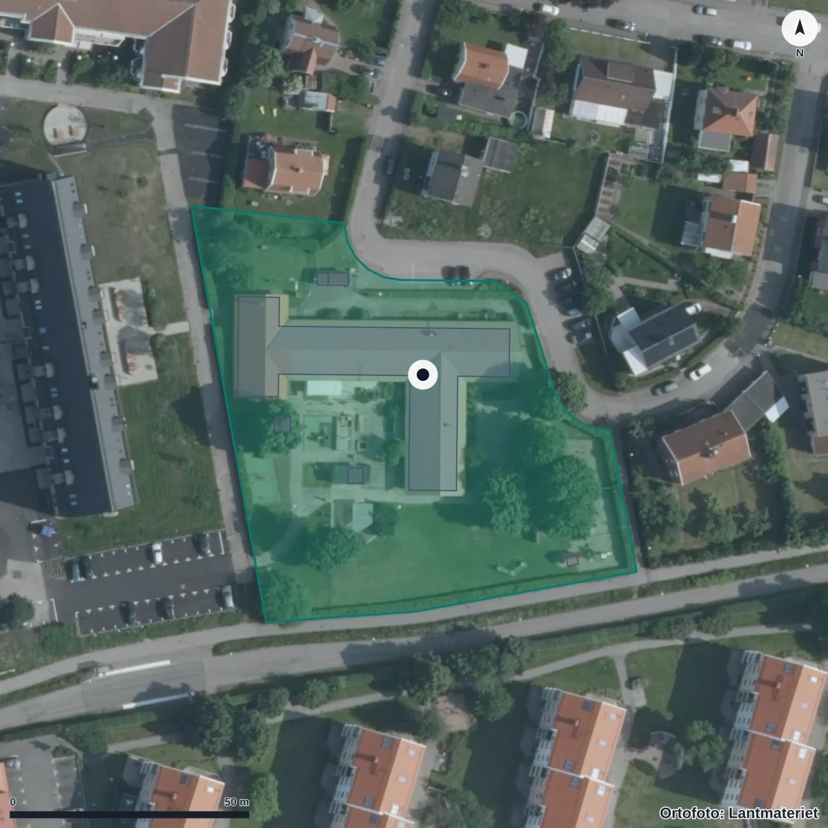 Flygbild över Klackerups Förskola, ortofoto från Lantmäteriet