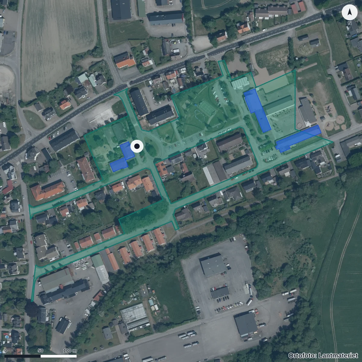 Flygbild över Förskolan Pilagården, ortofoto från Lantmäteriet