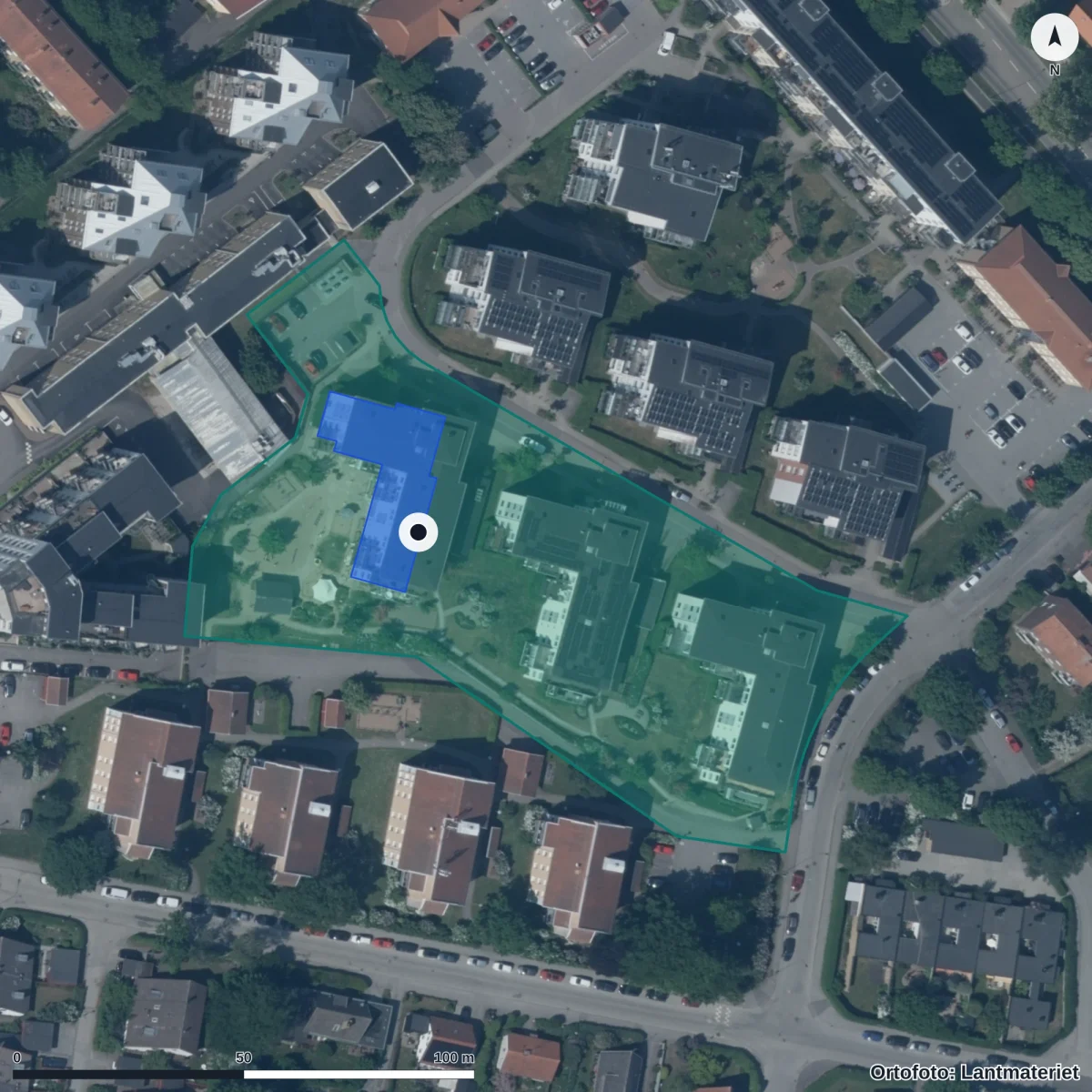 Flygbild över Måsens Förskola, ortofoto från Lantmäteriet