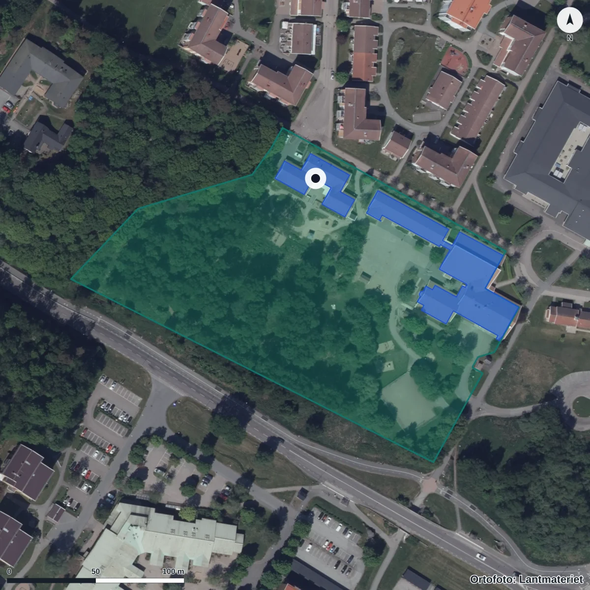 Flygbild över Olseröd Förskola, ortofoto från Lantmäteriet