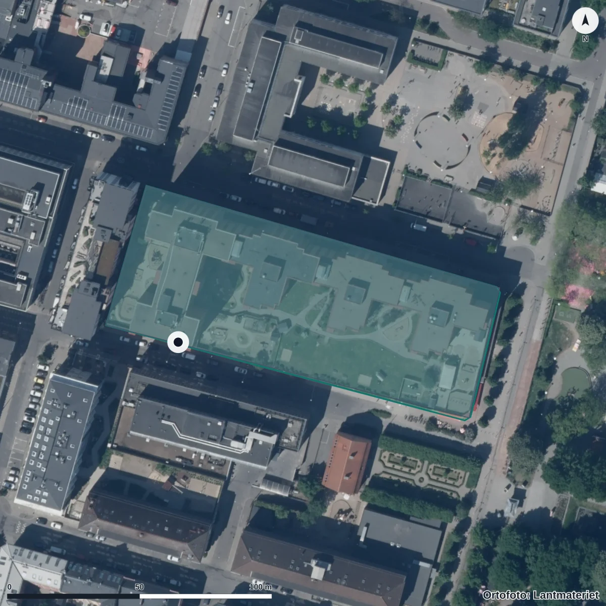 Flygbild över Möllevångens Förskola, ortofoto från Lantmäteriet