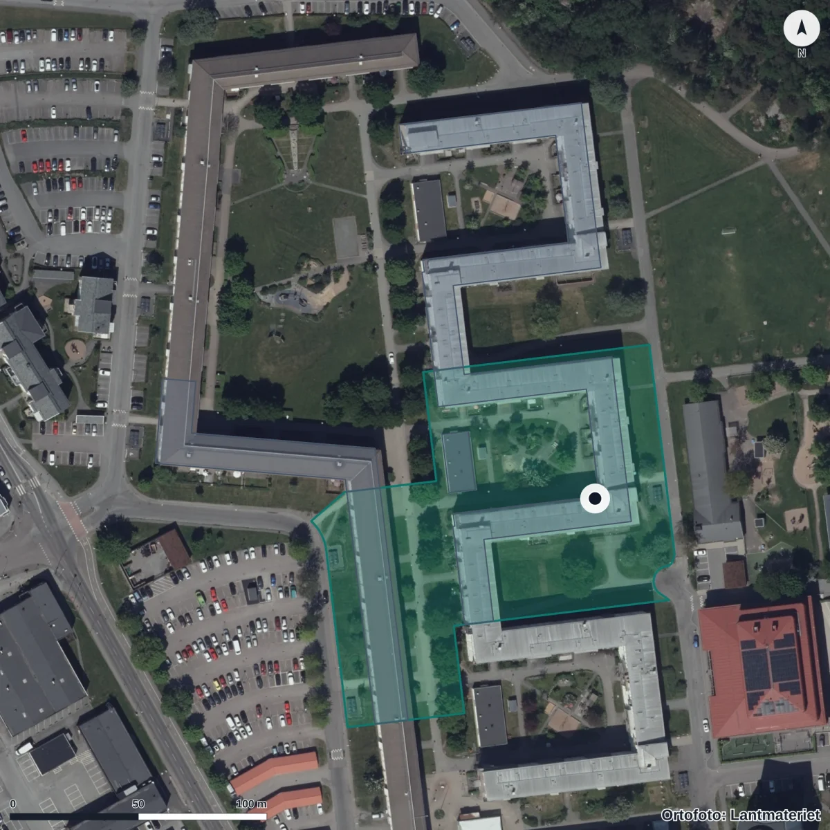 Flygbild över Gånglåten 31 Förskola, ortofoto från Lantmäteriet