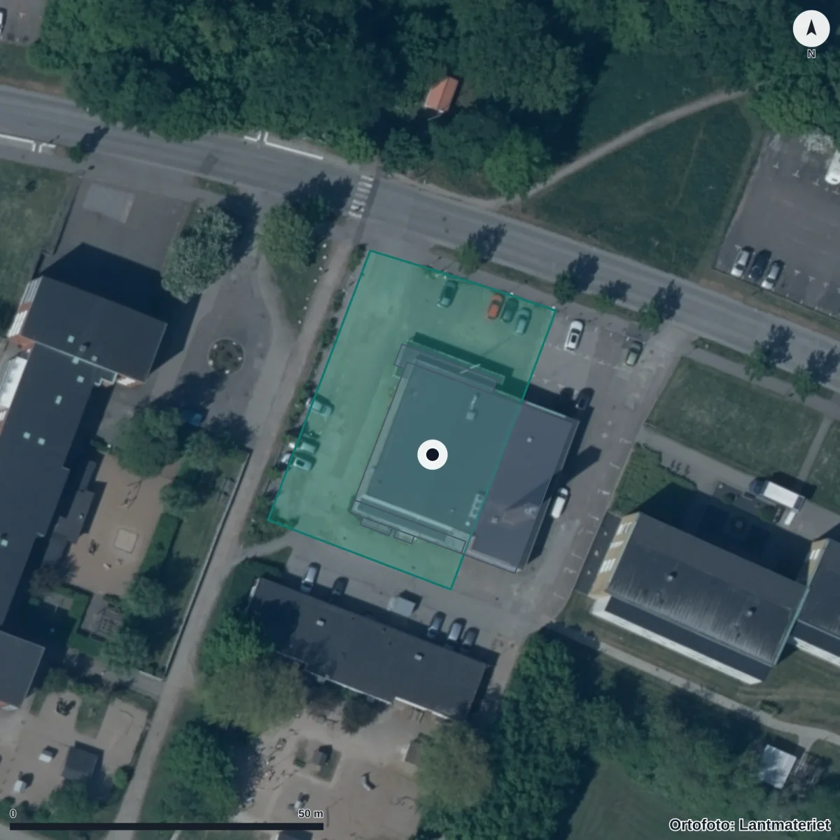 Flygbild över Flaningens Förskola, ortofoto från Lantmäteriet