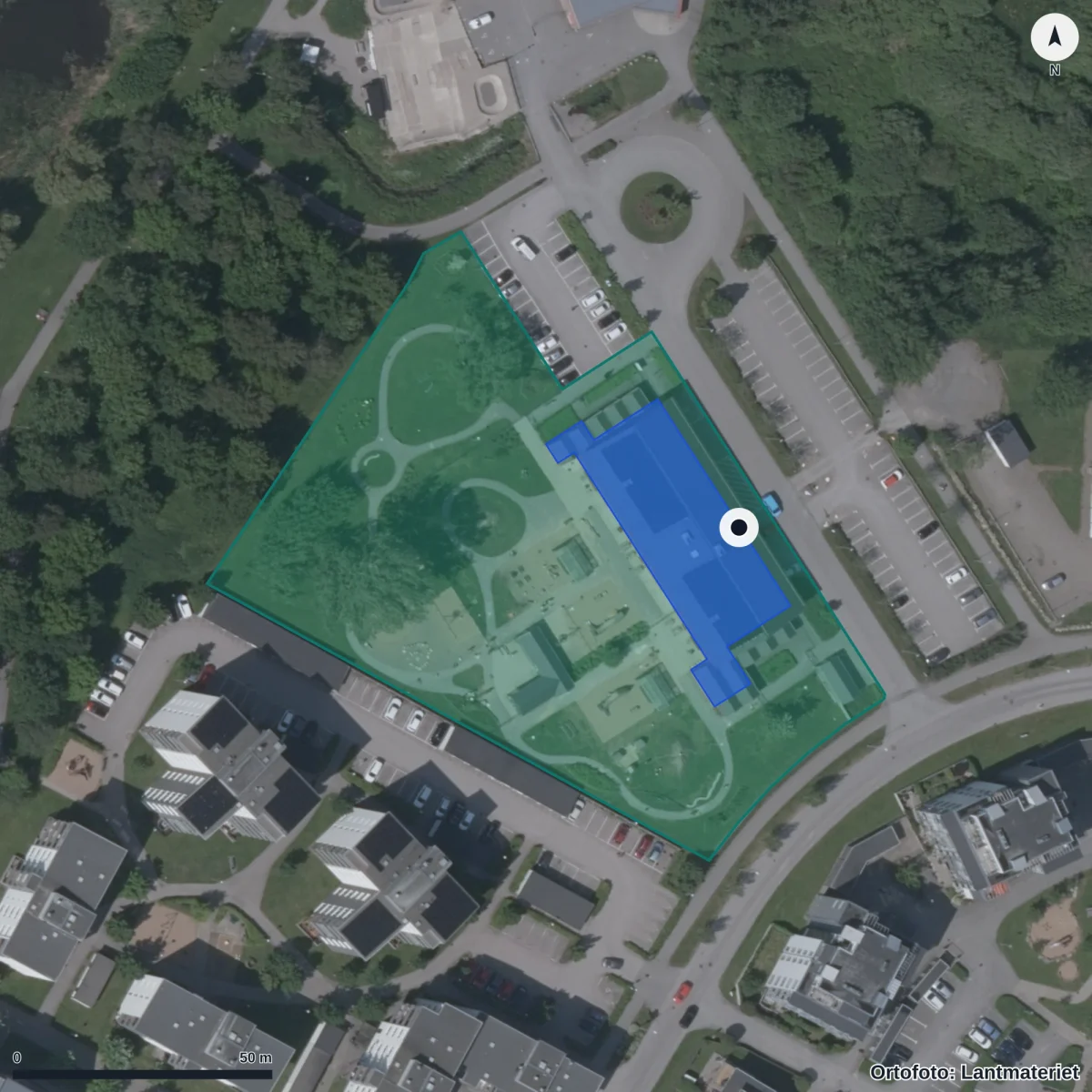 Flygbild över Klapperstenens Förskola, ortofoto från Lantmäteriet