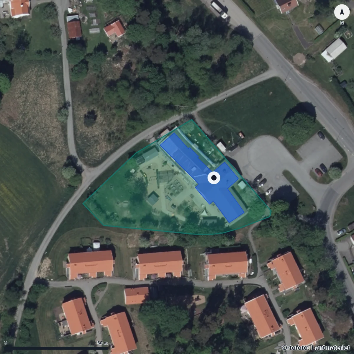 Flygbild över Parkängens Förskola, ortofoto från Lantmäteriet