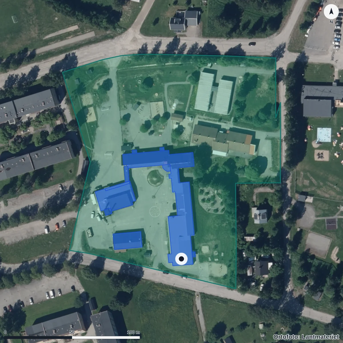 Flygbild över Mellansels Förskola, ortofoto från Lantmäteriet