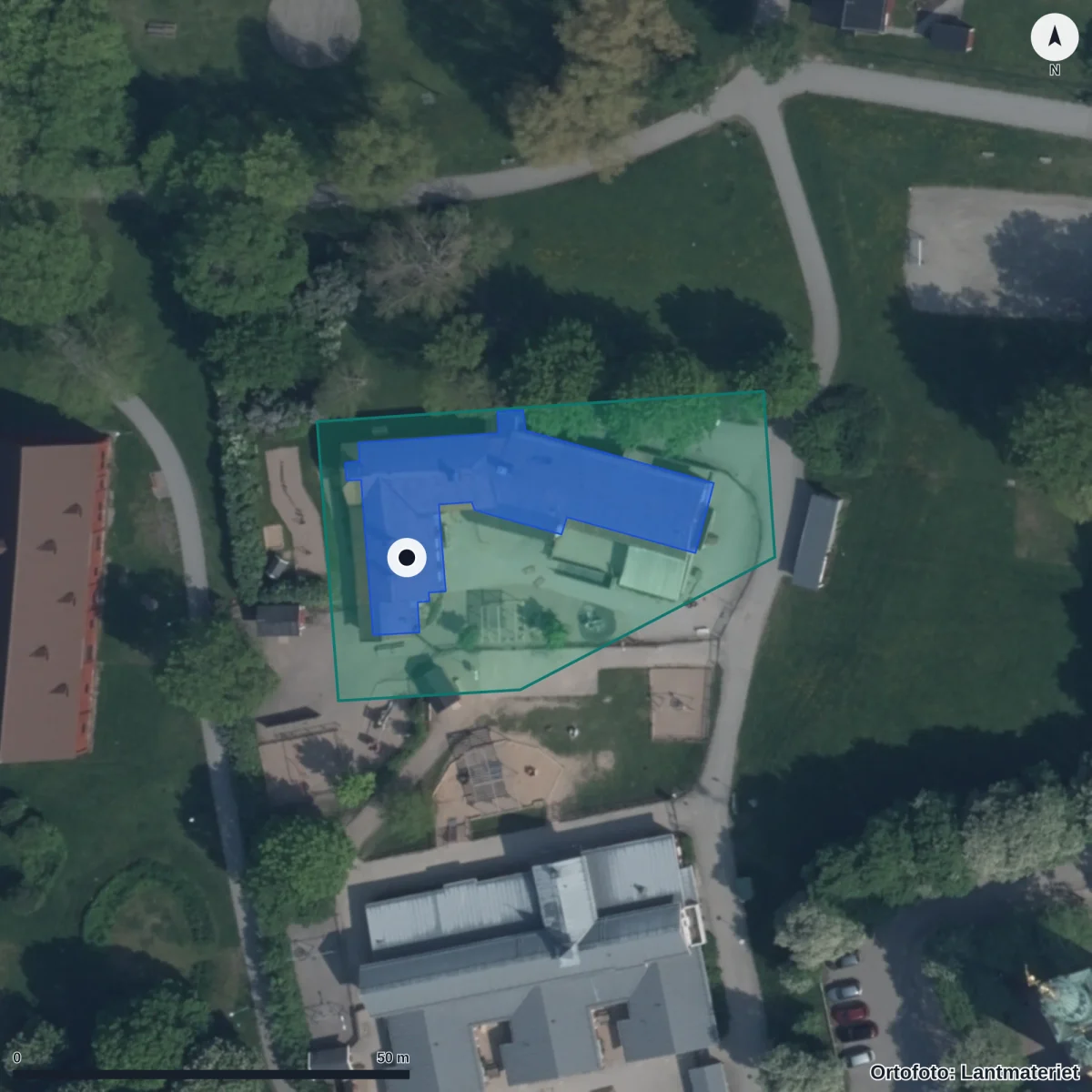 Flygbild över Stenebergsgården, ortofoto från Lantmäteriet