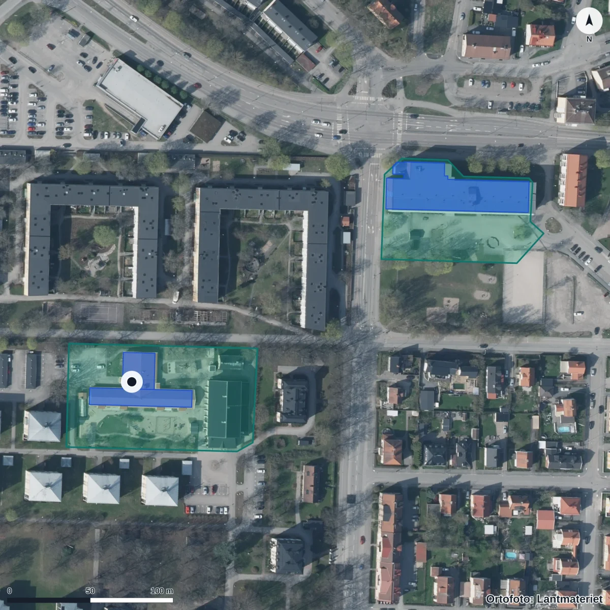 Flygbild över Väster Parks Förskola ,dag,, ortofoto från Lantmäteriet