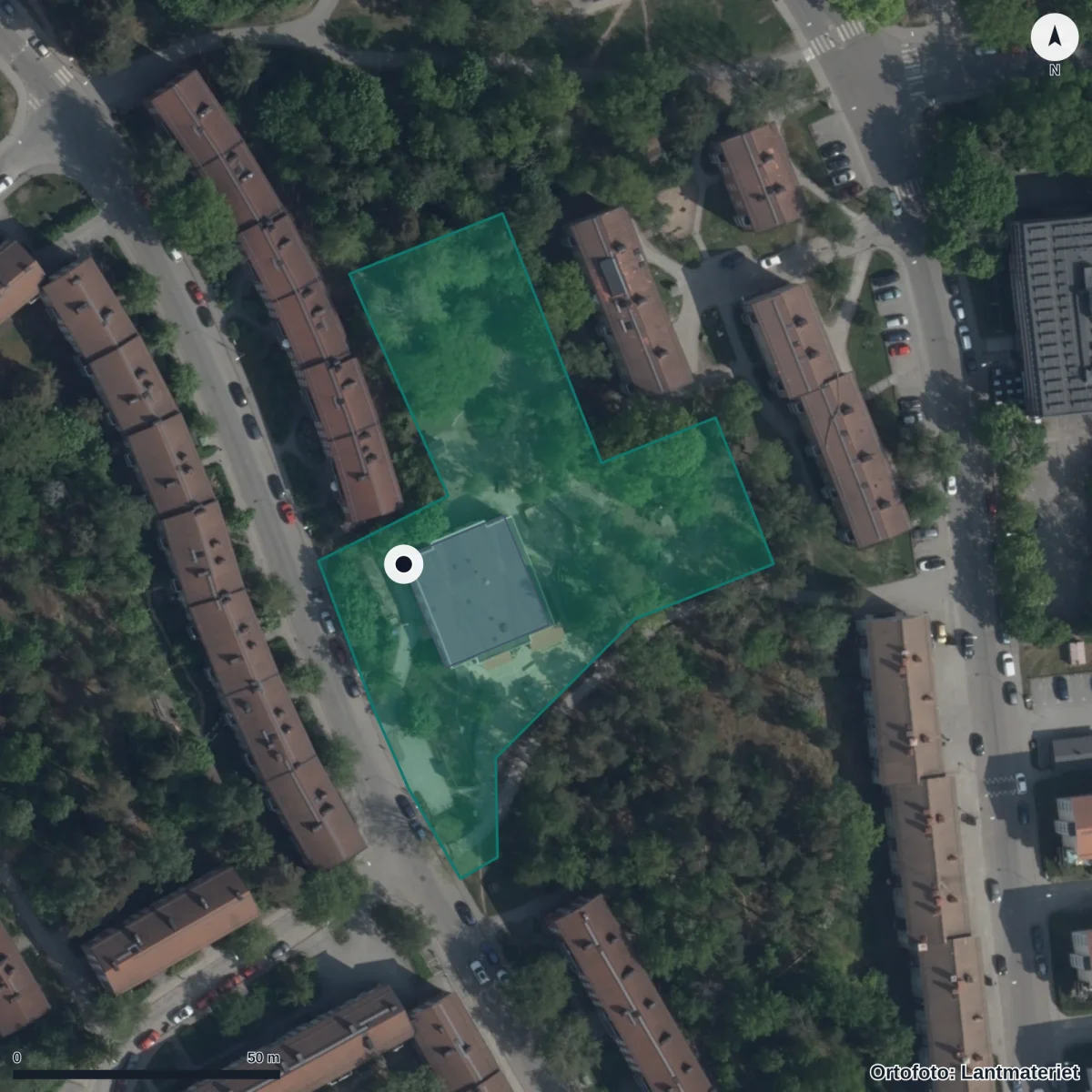 Flygbild över Förskolan Rymden, ortofoto från Lantmäteriet