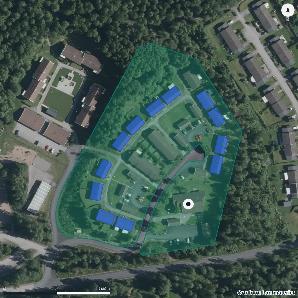 Flygbild över Kantarellens Förskola, ortofoto från Lantmäteriet