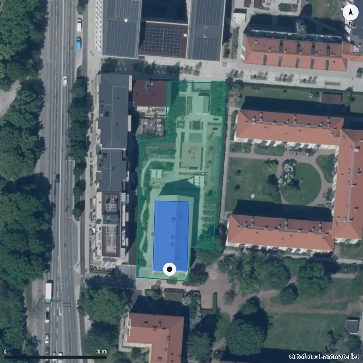 Flygbild över Källängens Förskola, ortofoto från Lantmäteriet