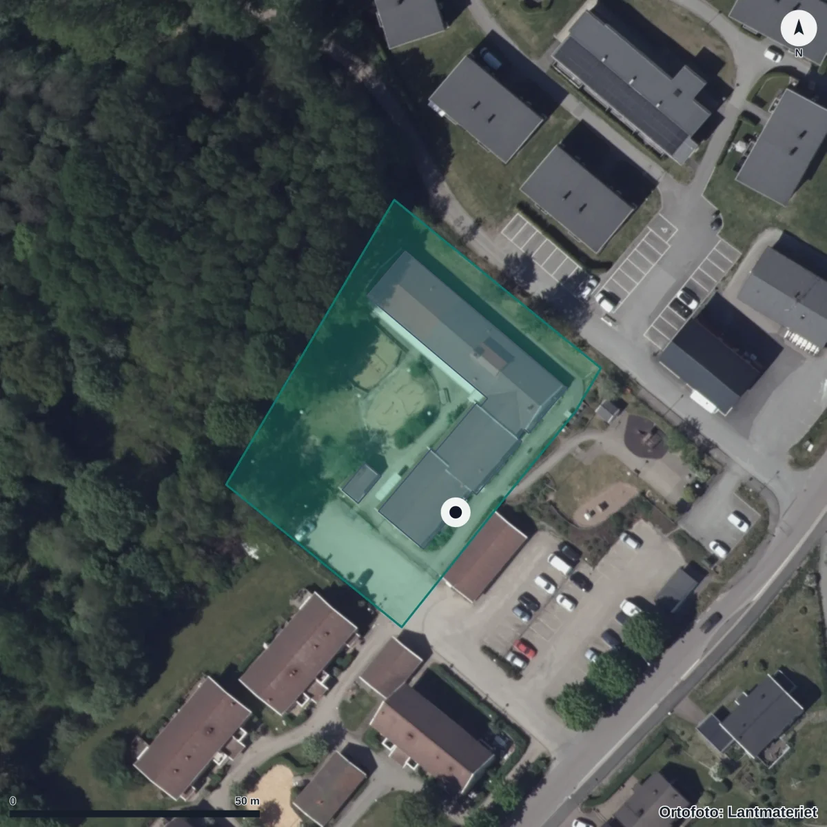 Flygbild över Gärdets Förskola, ortofoto från Lantmäteriet