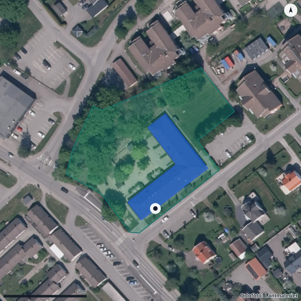 Flygbild över Lindvägens Förskola, ortofoto från Lantmäteriet