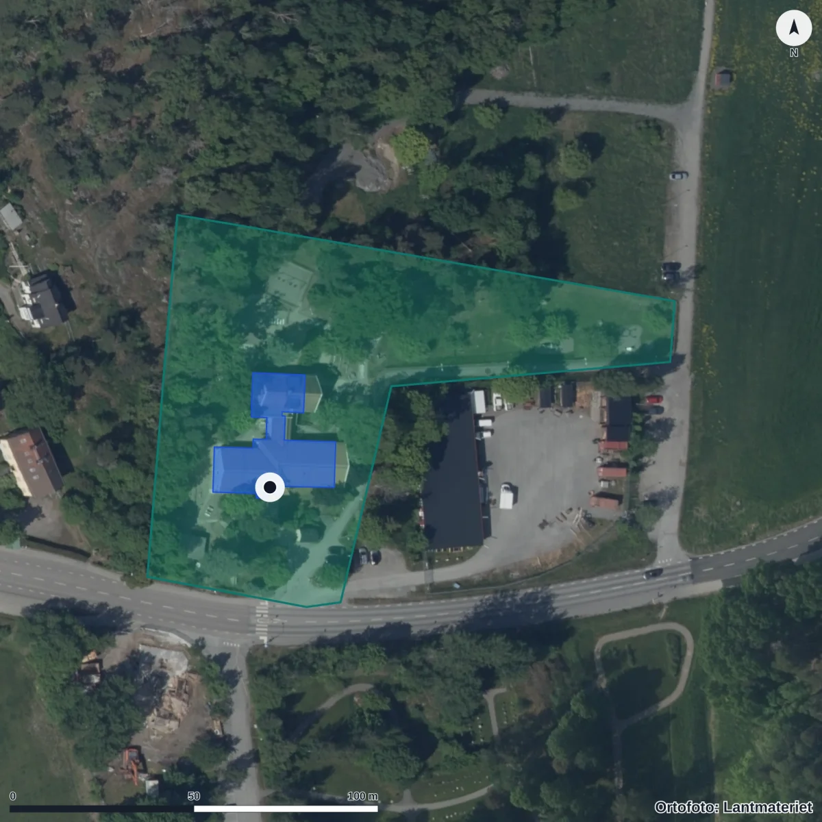 Flygbild över Slottsvillan Förskola, ortofoto från Lantmäteriet