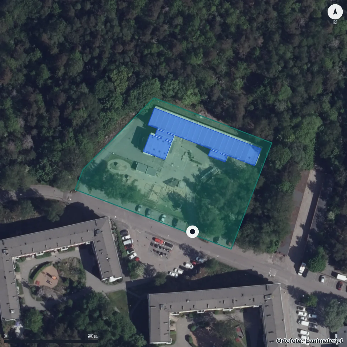 Flygbild över Förstamajgatan 28 Förskola, ortofoto från Lantmäteriet
