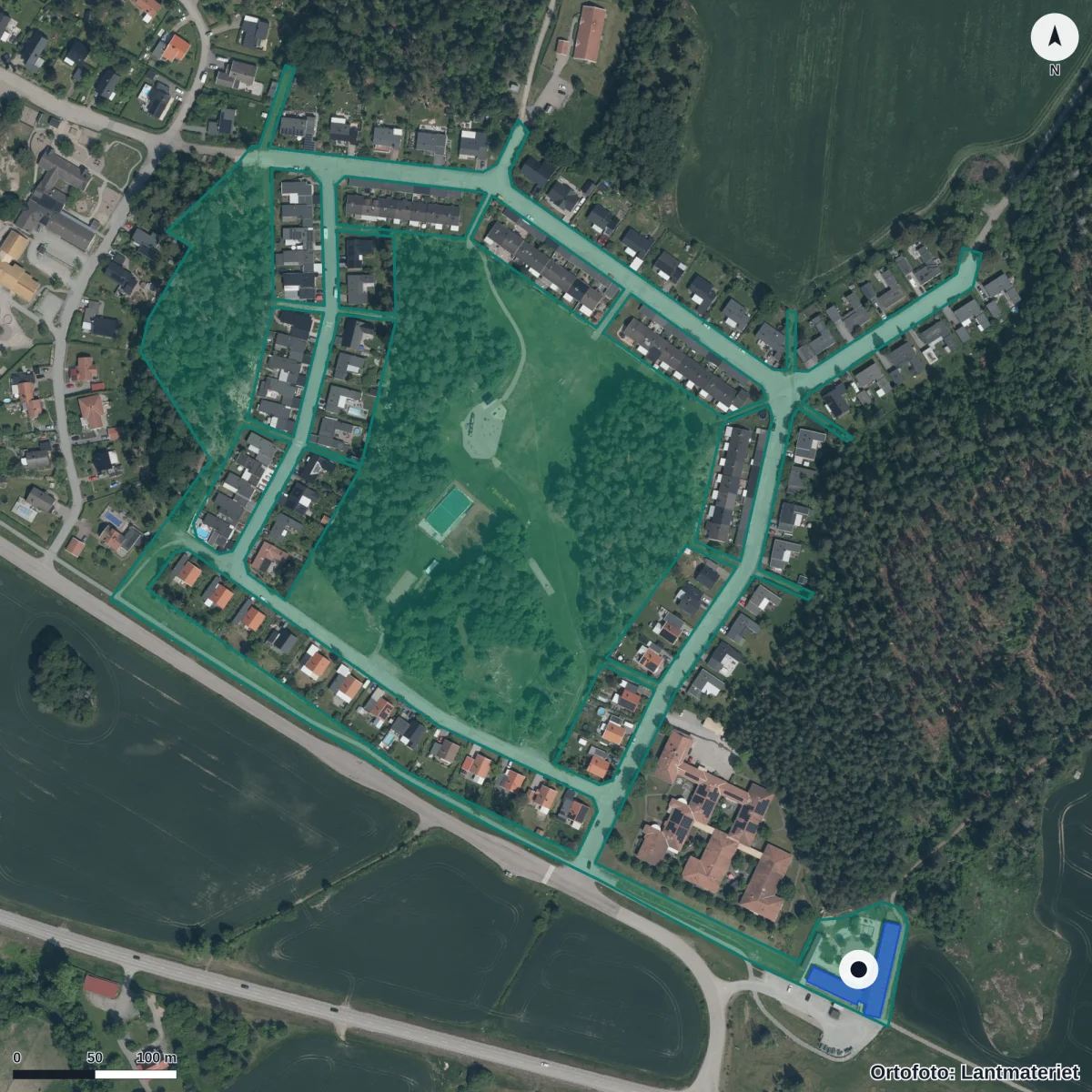 Flygbild över Arkitektens Förskola, ortofoto från Lantmäteriet