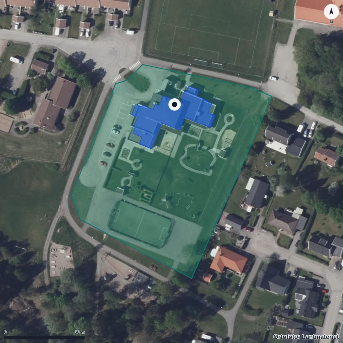 Flygbild över Lindåsens Förskola, ortofoto från Lantmäteriet
