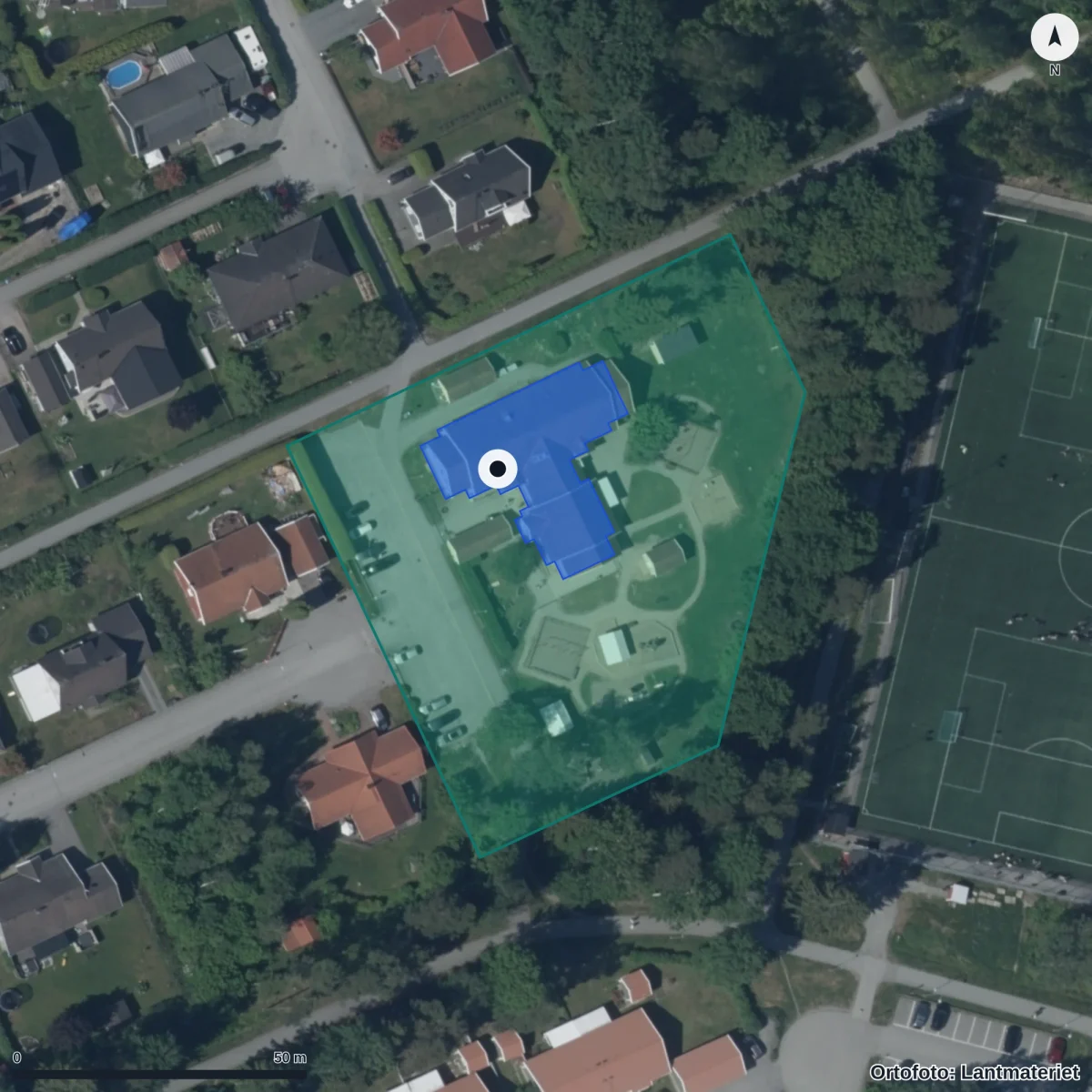 Flygbild över Västertorps Förskola, ortofoto från Lantmäteriet