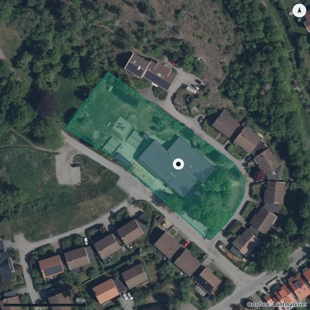 Flygbild över Borgens Förskola, ortofoto från Lantmäteriet