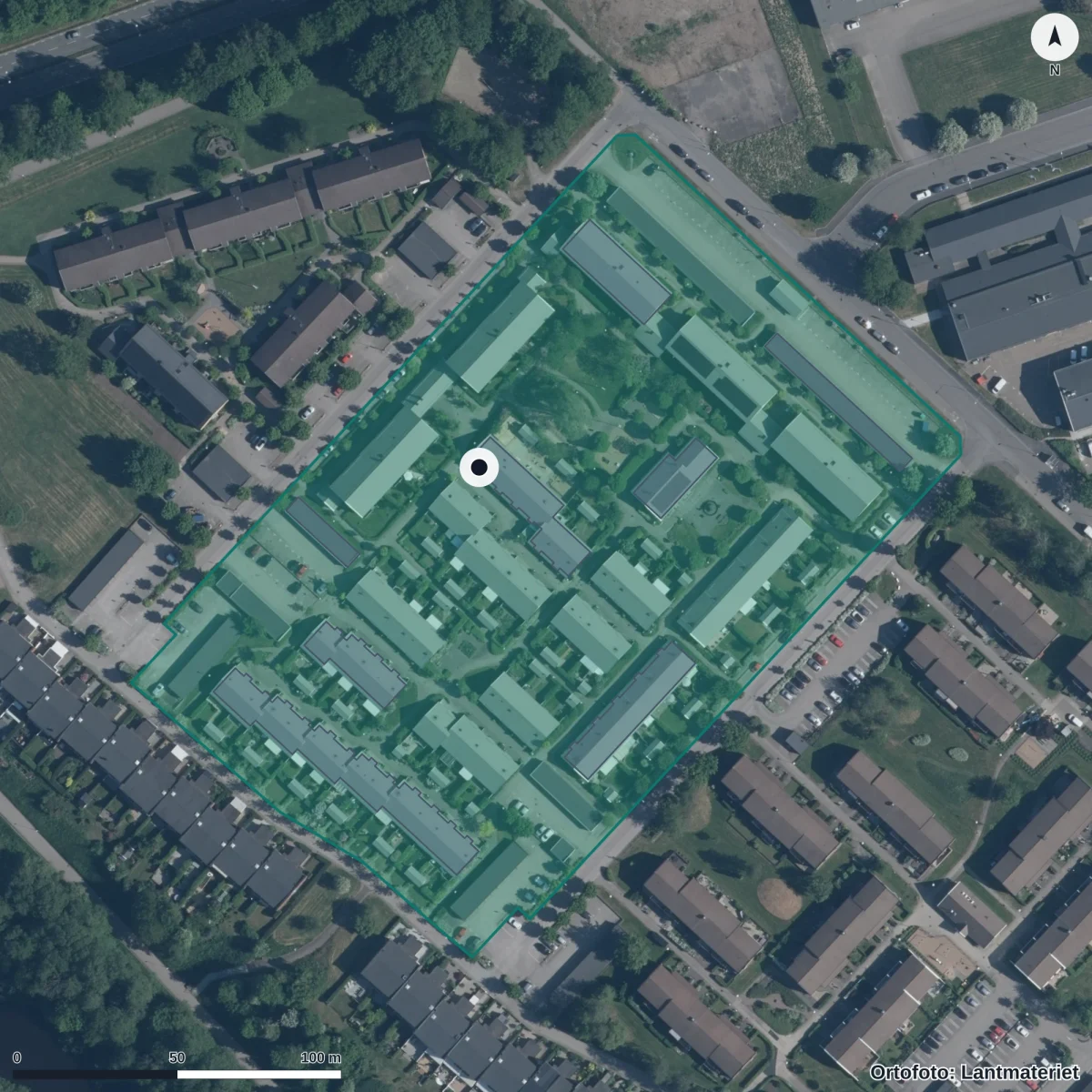 Flygbild över Västanvindens Förskola, ortofoto från Lantmäteriet