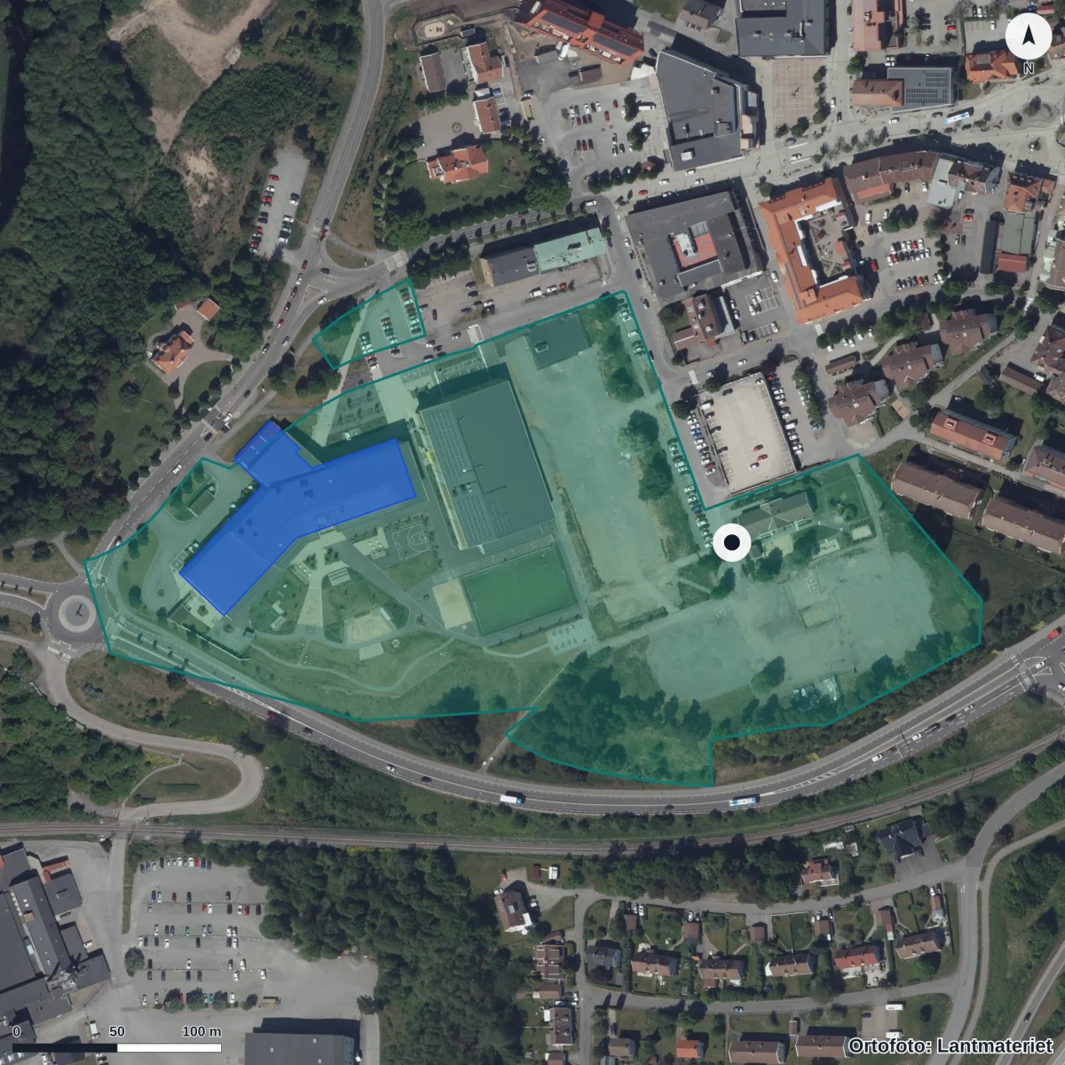 Flygbild över Lyckegårdens Förskola, ortofoto från Lantmäteriet