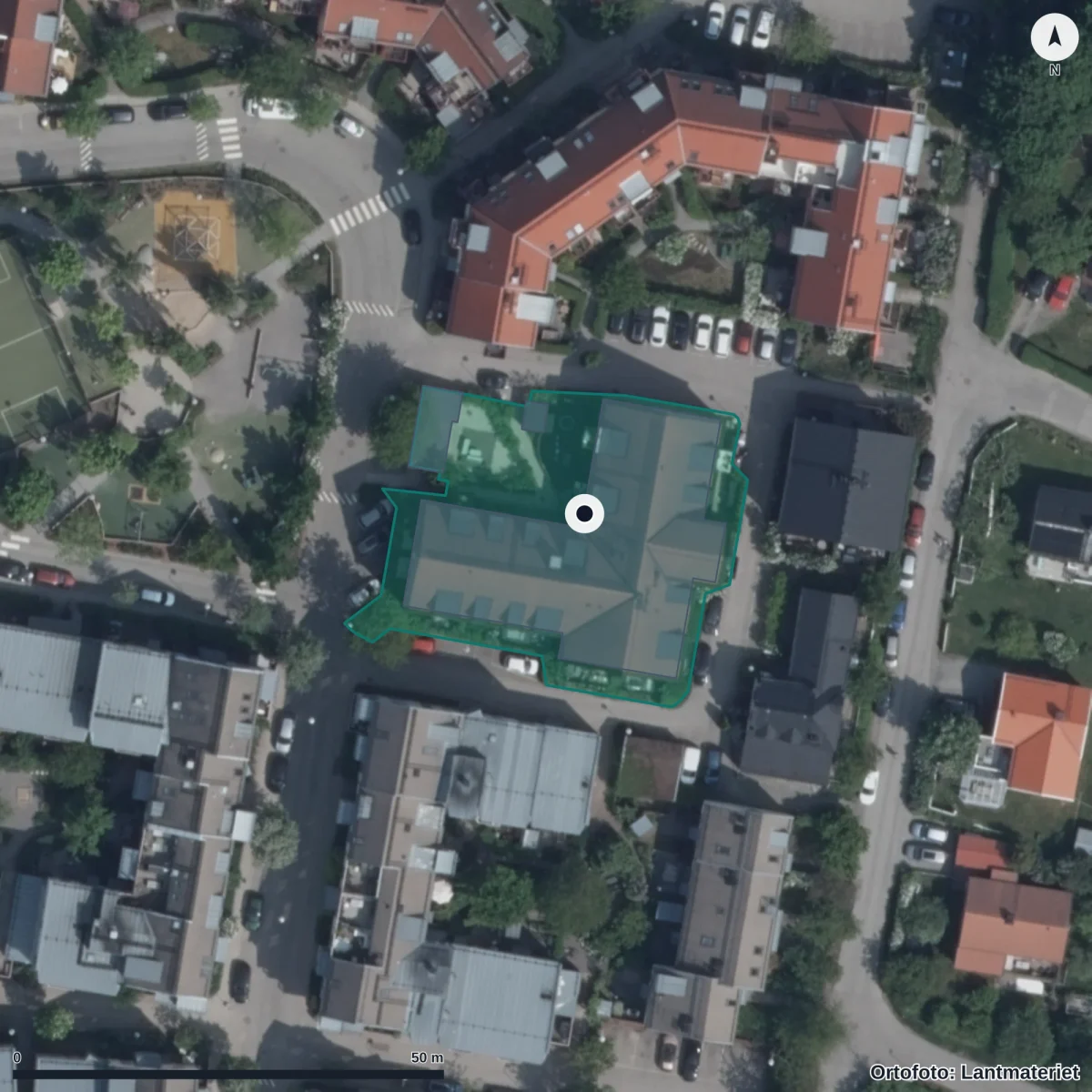 Flygbild över Optimus Förskola, ortofoto från Lantmäteriet