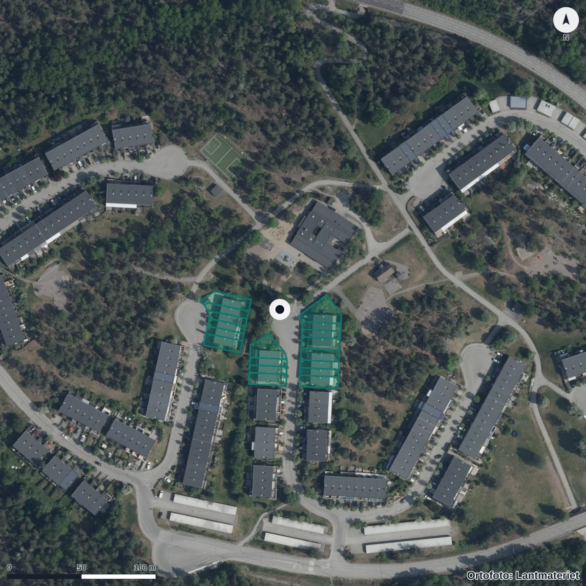 Flygbild över Sörskogens Förskola, ortofoto från Lantmäteriet