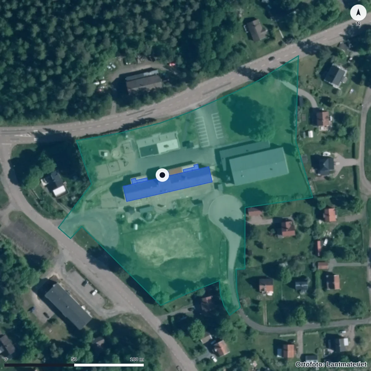 Flygbild över Nykroppa Förskola, ortofoto från Lantmäteriet