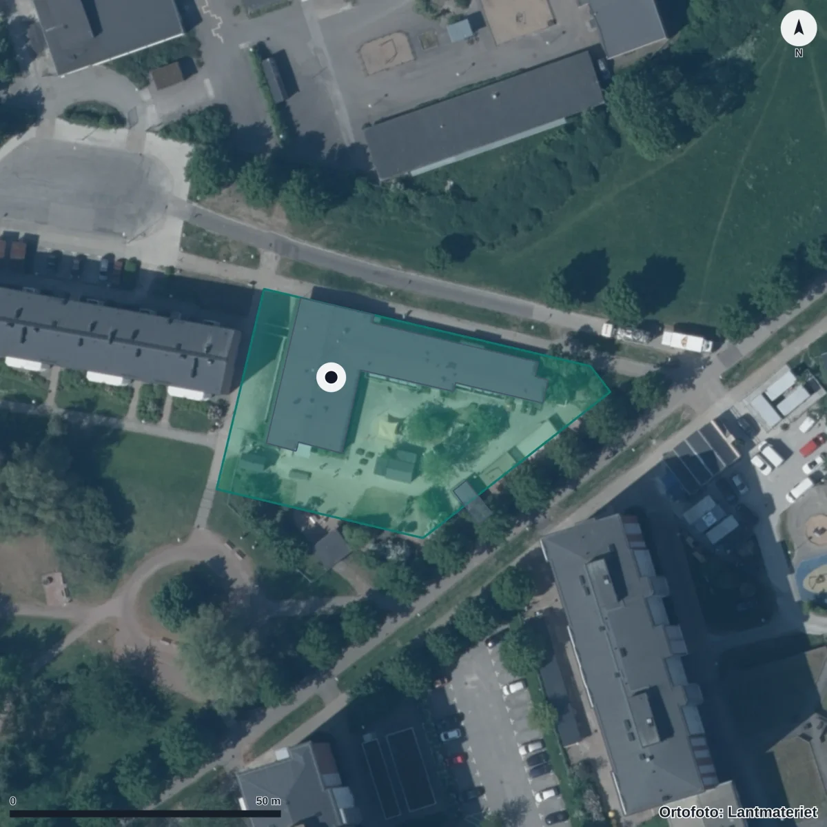 Flygbild över Segevångs Förskola, ortofoto från Lantmäteriet
