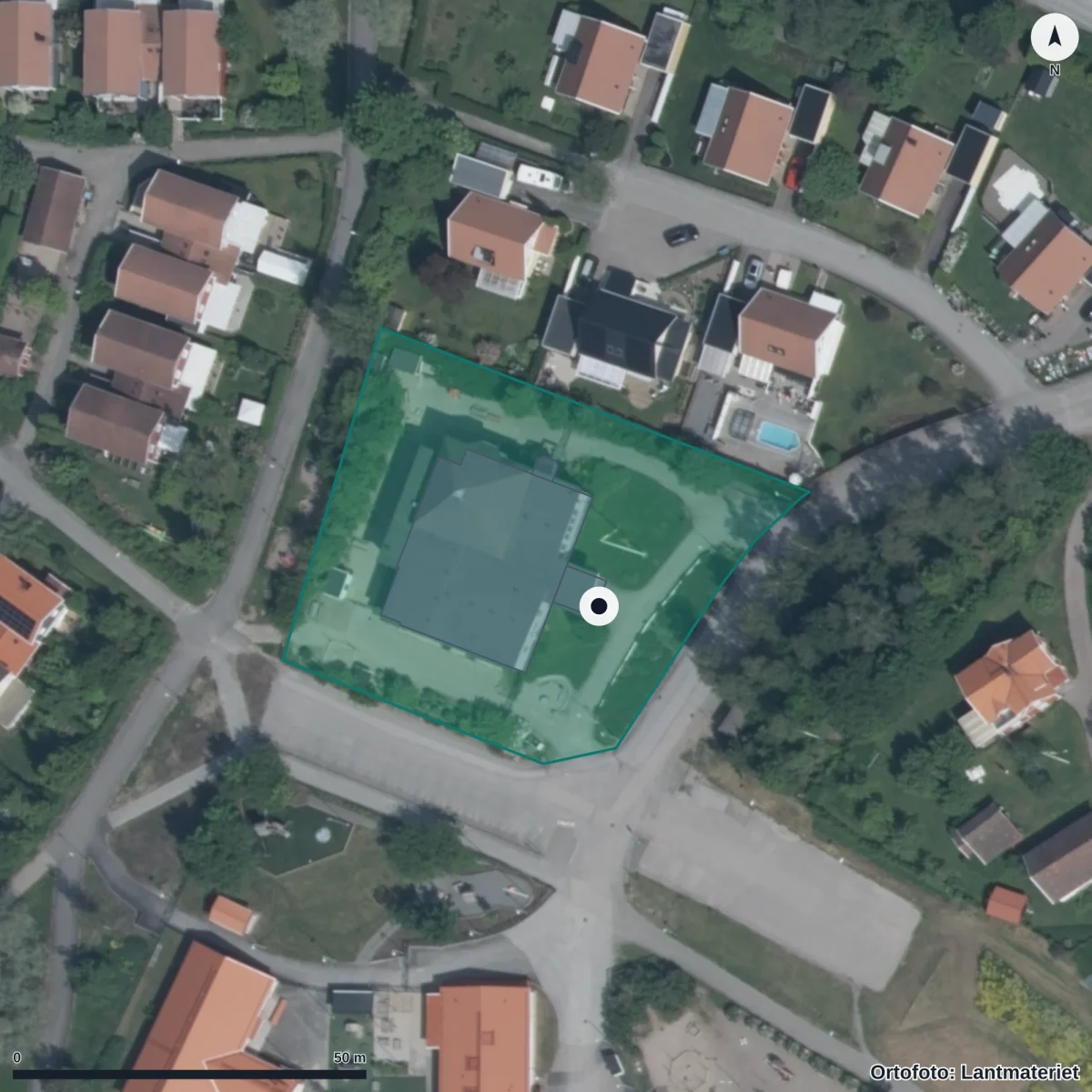 Flygbild över Majgårdens Förskola ,ansgarskolorna,, ortofoto från Lantmäteriet