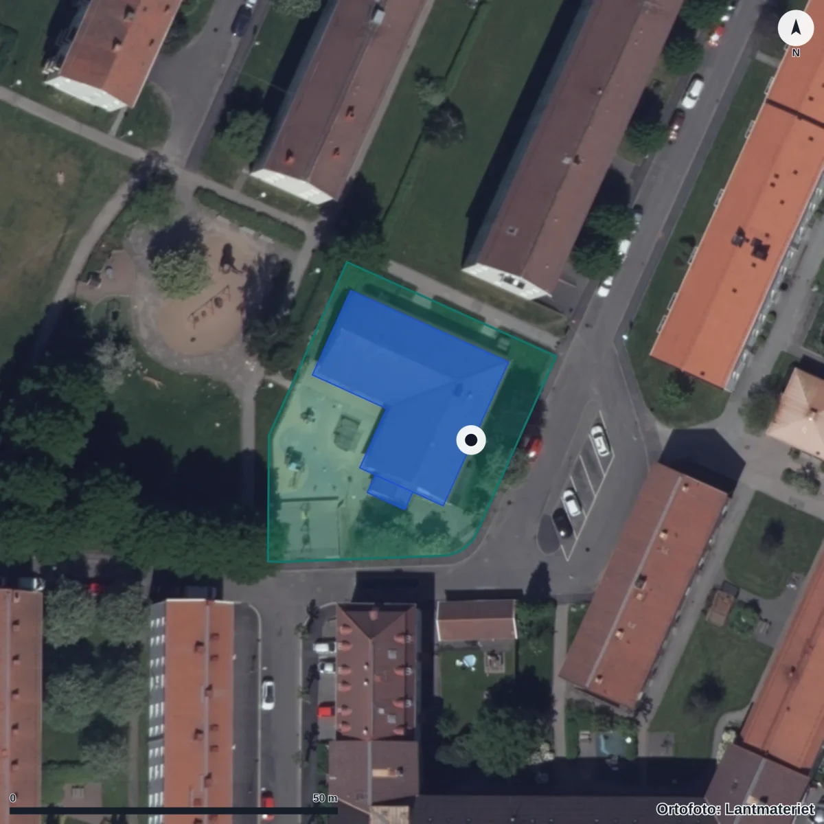 Flygbild över Östra Keillersgatan 3 Förskola, ortofoto från Lantmäteriet