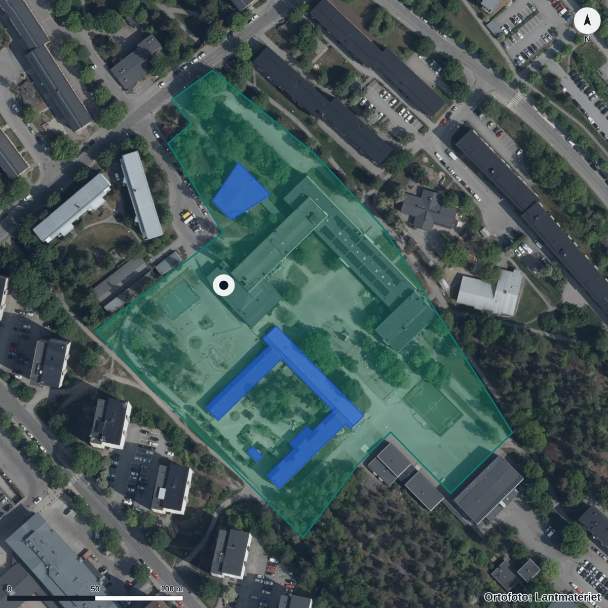 Flygbild över Förskolan Kosmos, ortofoto från Lantmäteriet