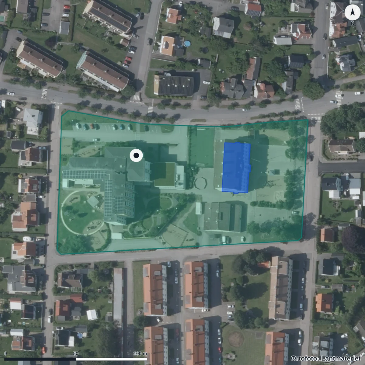 Flygbild över Bokens Förskola, ortofoto från Lantmäteriet