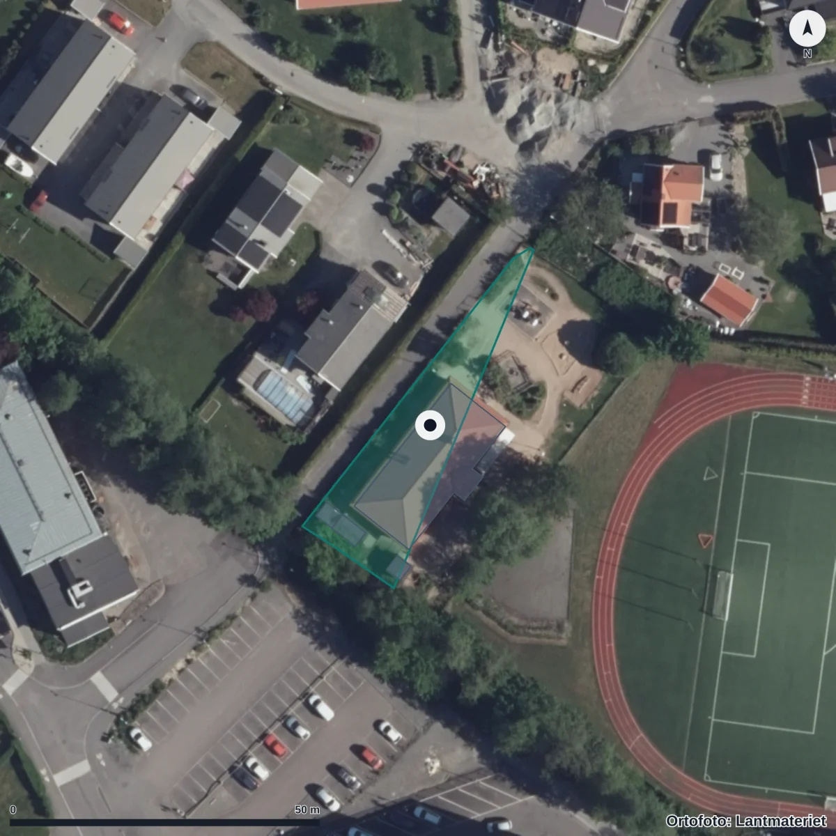Flygbild över Hulelyckans Förskola, ortofoto från Lantmäteriet
