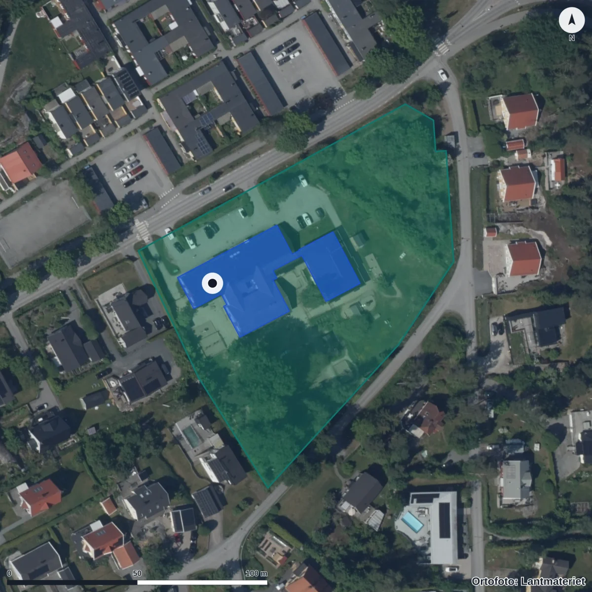 Flygbild över Söralids Förskola, ortofoto från Lantmäteriet