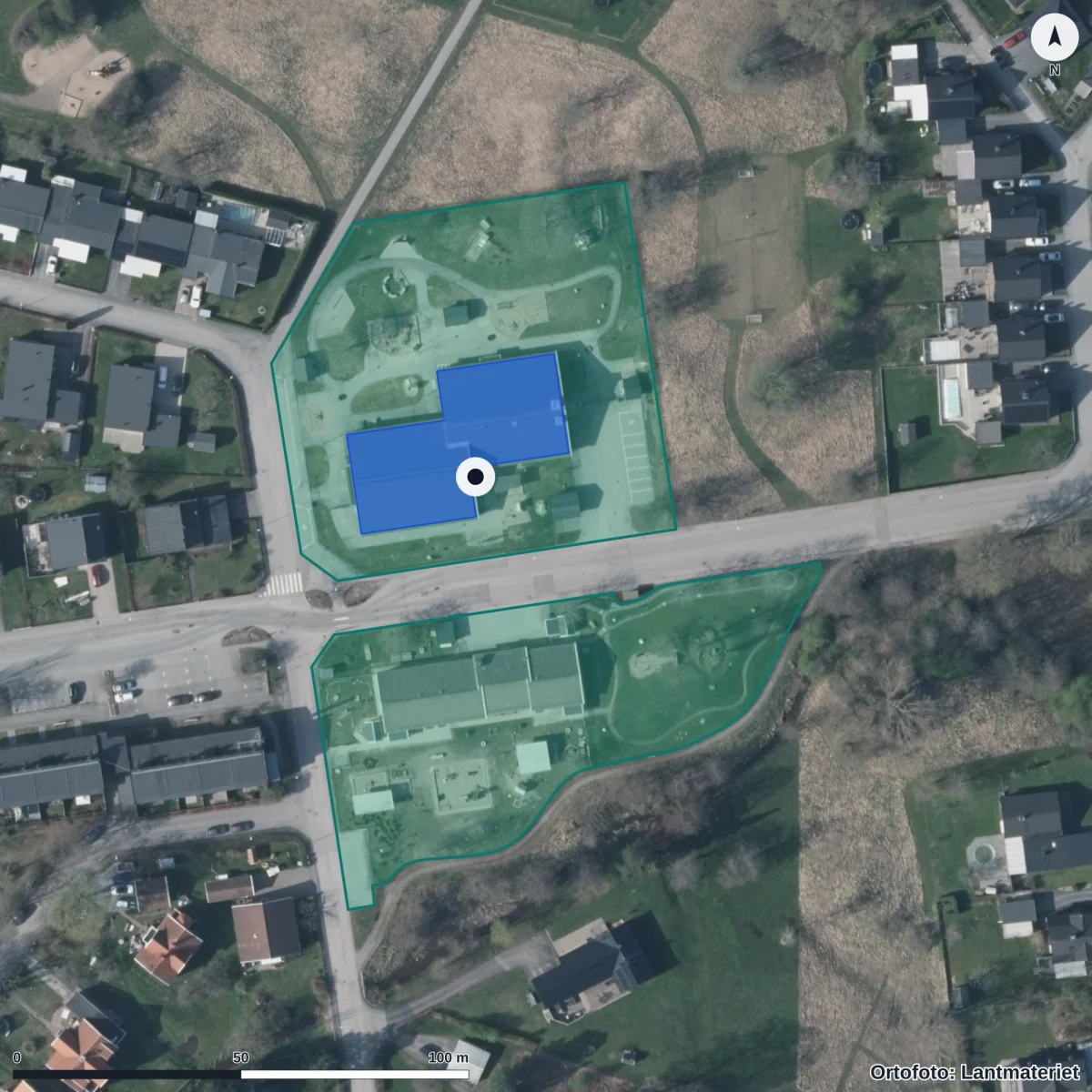 Flygbild över Lillåns Förskola, ortofoto från Lantmäteriet