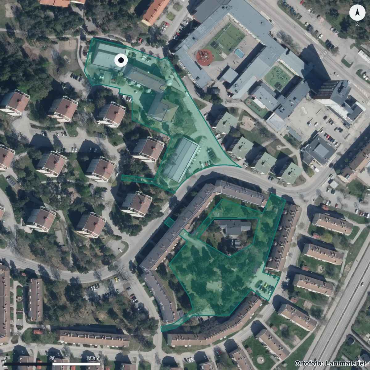 Flygbild över Alvägens Förskola, ortofoto från Lantmäteriet