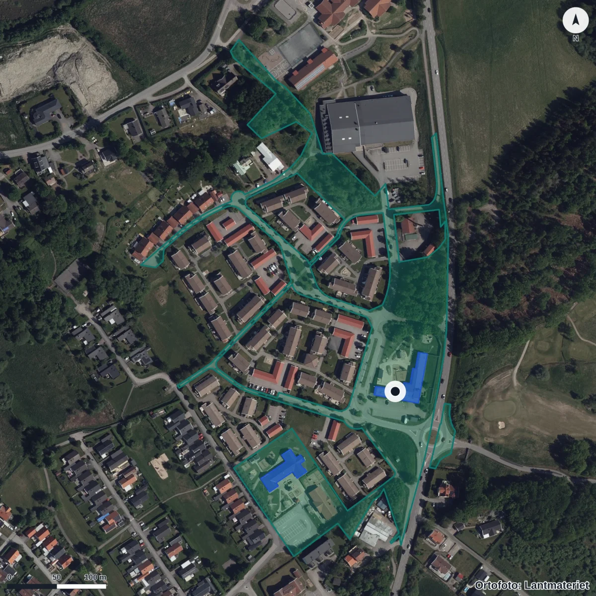 Flygbild över Vallda Klasbergs Förskola, ortofoto från Lantmäteriet
