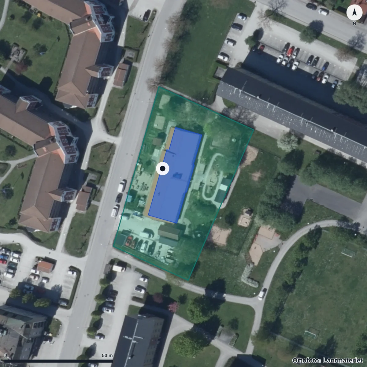 Flygbild över Bullerbyn Förskola, ortofoto från Lantmäteriet