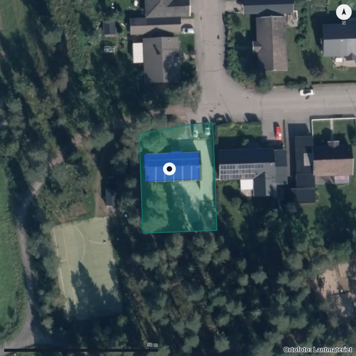 Flygbild över Förskolan Tränset, ortofoto från Lantmäteriet