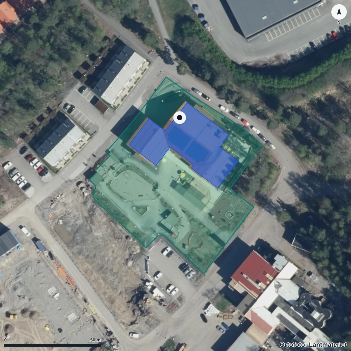 Flygbild över Förskolan Surbrunnshagen, ortofoto från Lantmäteriet