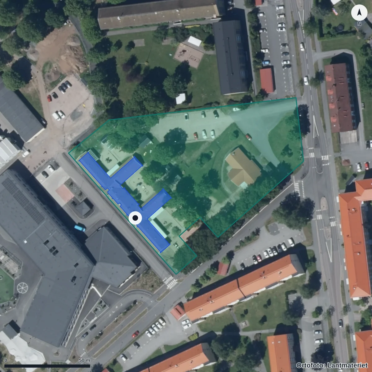 Flygbild över Trälleborgs Förskola, ortofoto från Lantmäteriet