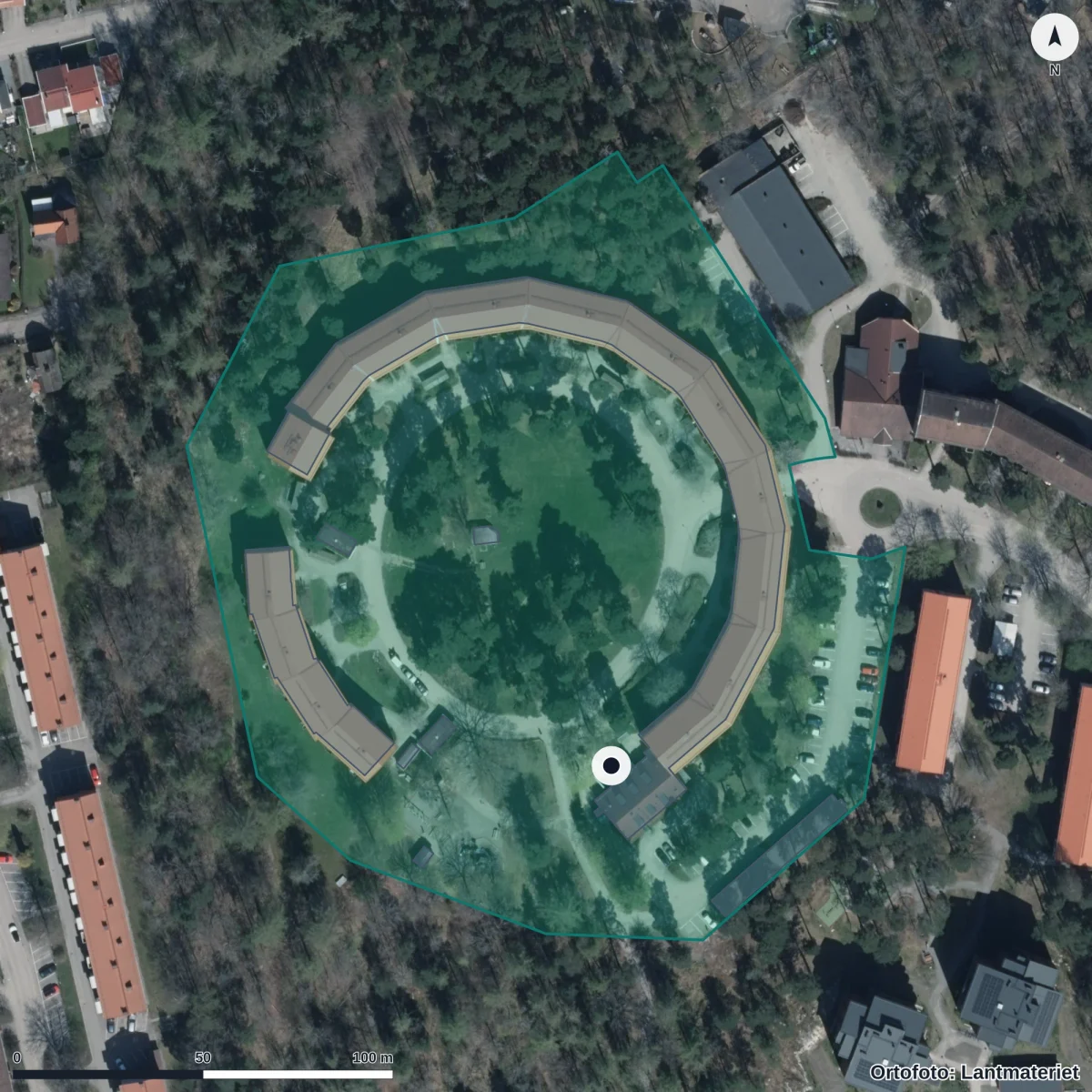 Flygbild över Rundelns Förskola, ortofoto från Lantmäteriet