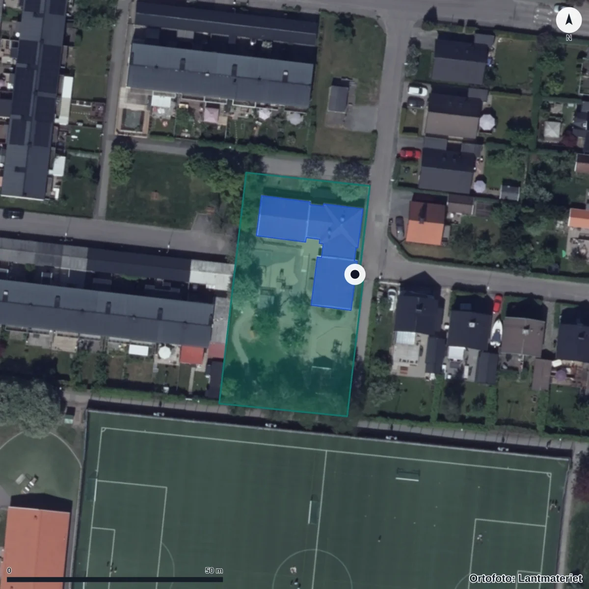 Flygbild över Prästkragsgatan 2 Förskola, ortofoto från Lantmäteriet