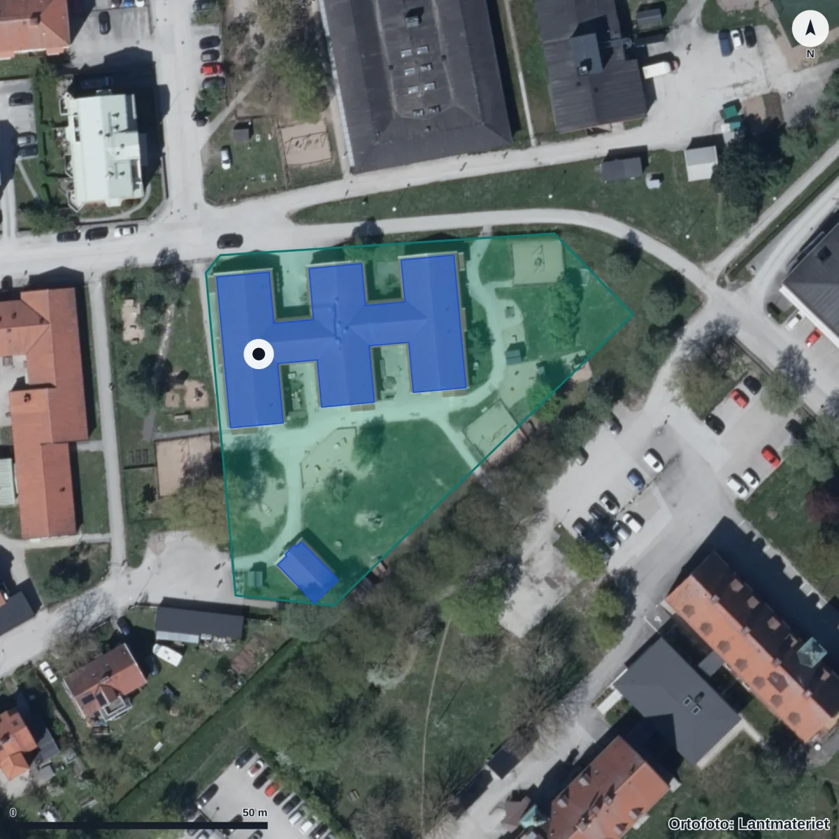 Flygbild över Storkens Språkförskola Resurs, ortofoto från Lantmäteriet