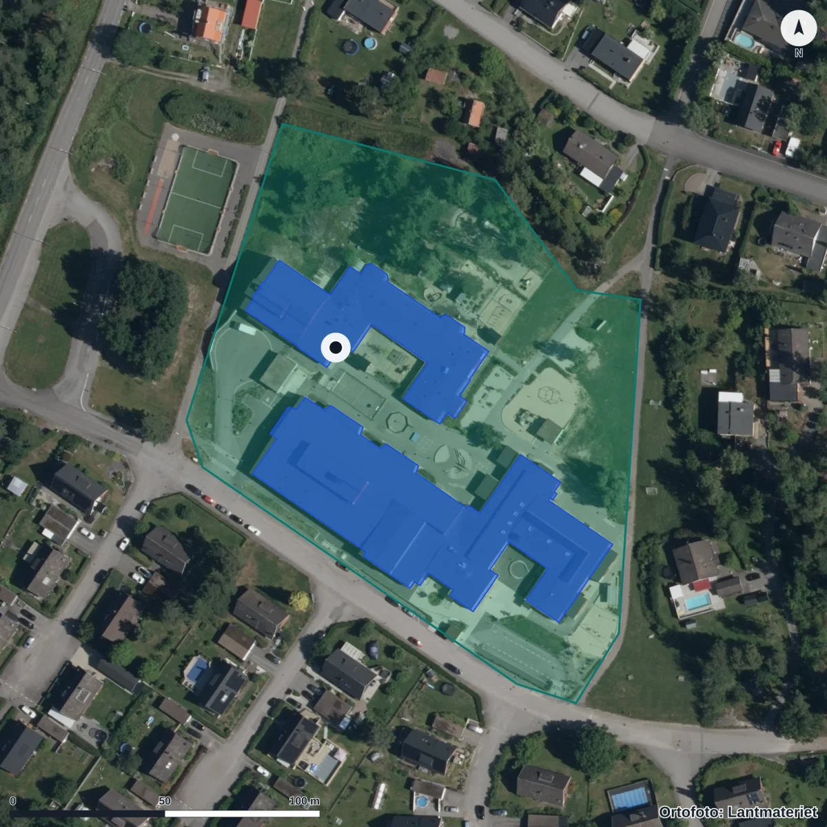 Flygbild över Västra Husby Förskola, ortofoto från Lantmäteriet