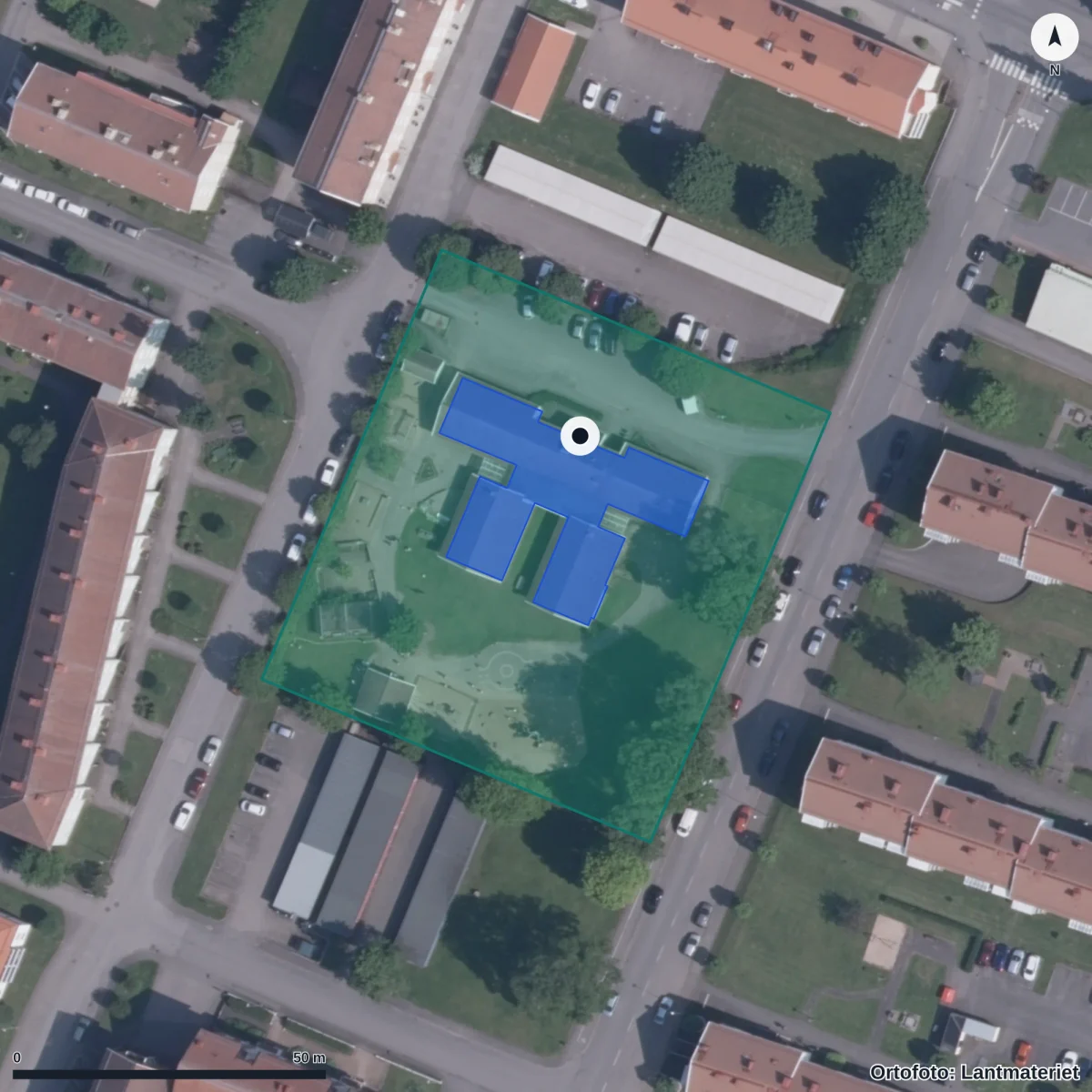 Flygbild över Sörgårdens Förskola, ortofoto från Lantmäteriet
