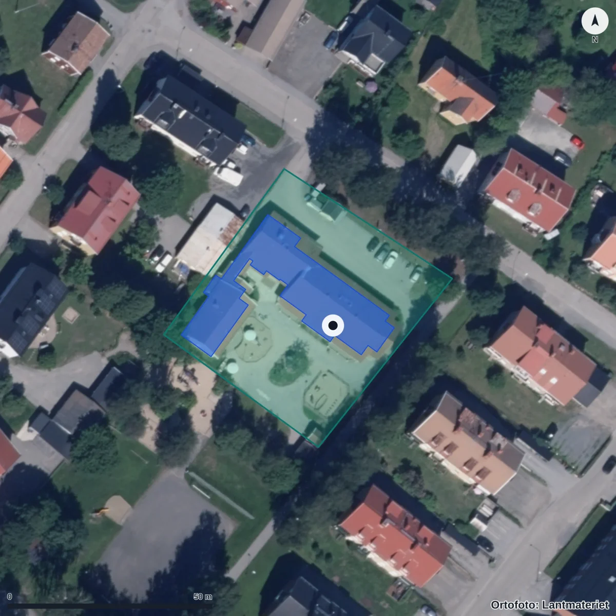 Flygbild över Förskolan Målaren, ortofoto från Lantmäteriet